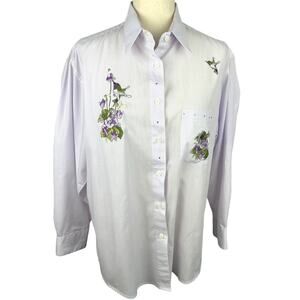 Get Lucky Lavender Stripe Button Shirt with Floral Appliques Embroidered  L EUC